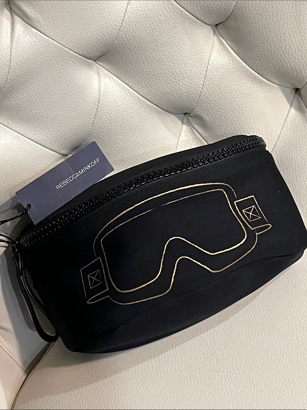 Rebecca Minkoff Black Ski Glasses Pouch case with Gold Ski Goggle Print Holder